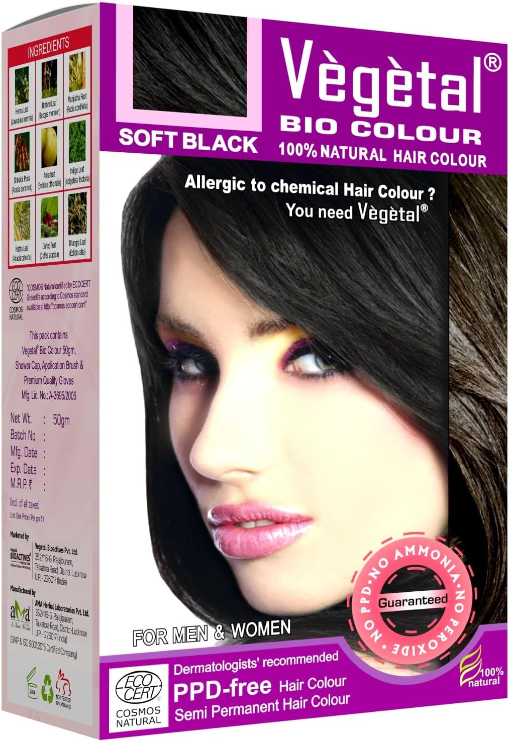 Vegetal Bio Hair Colour - Soft Black 50 G Achieve Natural, Ammonia-Free Hair Color Ppd-Free, 100% Herbal Certified Organic for Men and Women UV Protection and Luster Maintenance Complete Kit image number 2