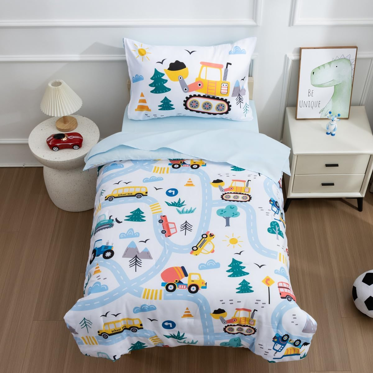 NTBED 4 Pieces Construction Toddler Bedding Set for Baby Boys, Truck Vehicles Excavator Cars Printed, Includes Comforter, Flat Sheet, Fitted Sheet and Pillowcase,Light Blue