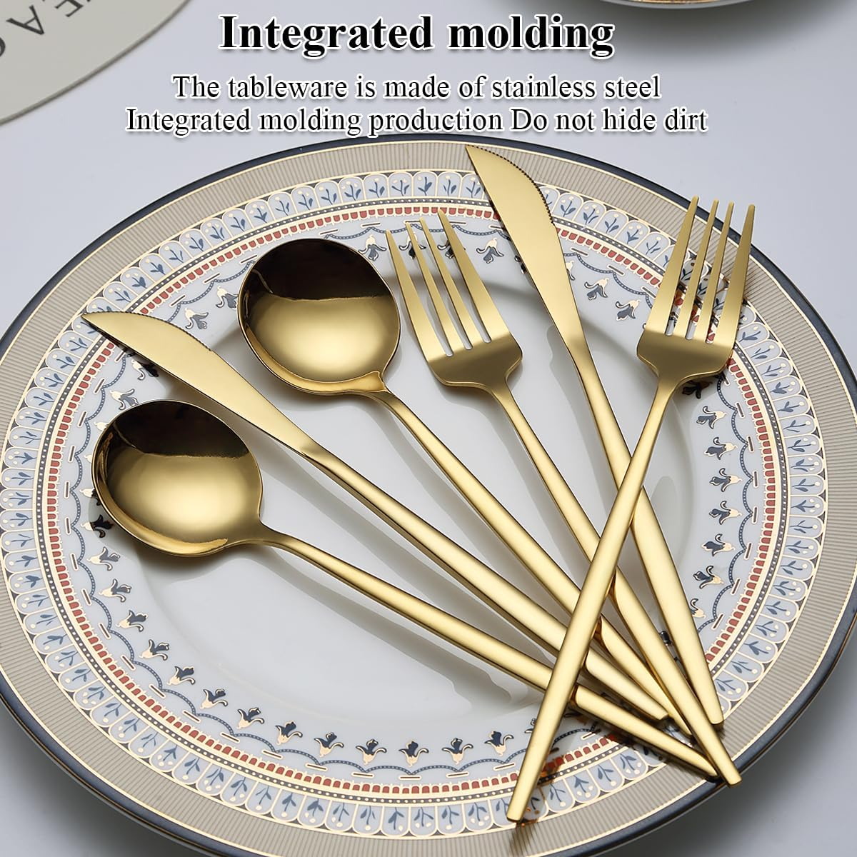 Evanda Gold Cutlery Set 60 Piece Service for 20, Titanium Gold Plated Stainless Steel Flatware Set, Knives Forks Spoons Cutlery Set for Wedding, Parties, Birthday, Restauroom, Dishwasher Safe image number 4