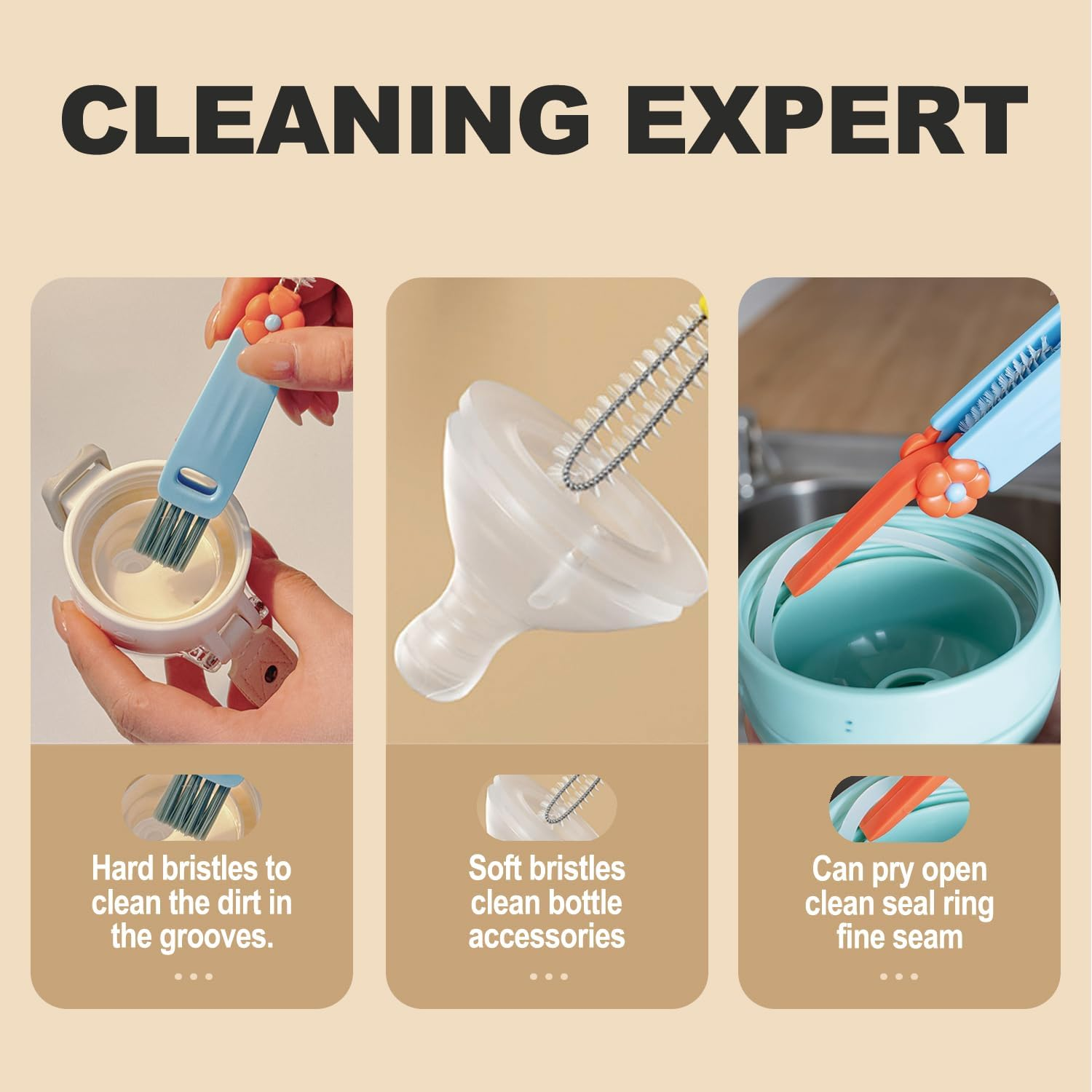 3 in 1 Cup Lid Gap Cleaning Brush Set, Bottle Cleaning Brush Multifunctional Bottle Cleaner Brush Home Kitchen Cleaning Tools, 3PCS