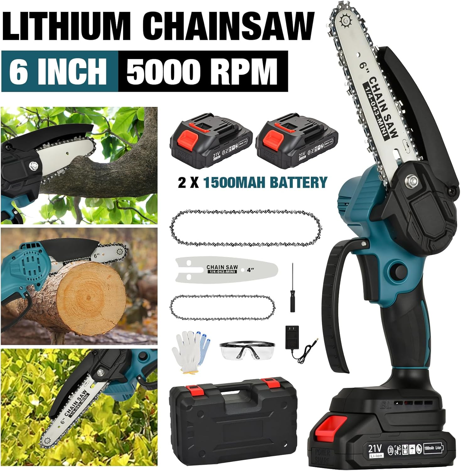Oppsbuy 6/4 Inch Mini Chainsaw, 21V Portable Cordless Chainsaw with Safety Lock, 5000R/Min Brushless Motor for Tree Branch Cutting, Pruning, Gardening (2 Chains + Tool Kit Included) image number 3