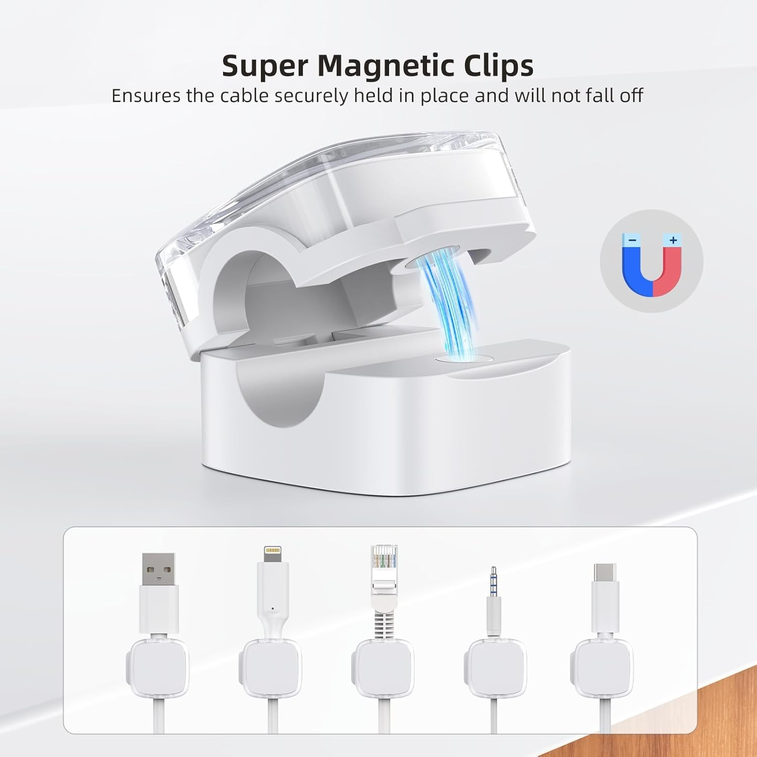Cord Organizer, 6 Pack Magnetic Cable Clips under Desk Cable Management, Strong Adhesive Cord Holder for Nightstand Kitchen Appliances Car Wall Office Desk Phone Wire Keeper, Crystal White image number 2
