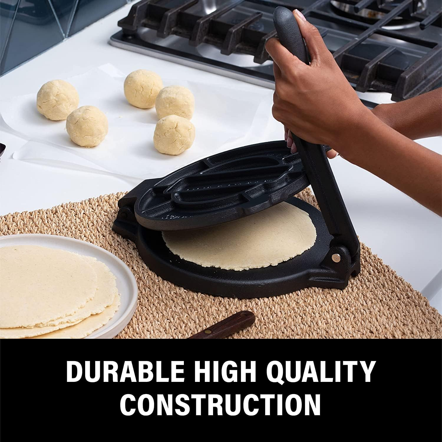 Cast Iron Tortilla Press Roti Maker Quesadilla Flour Tool Indian Style Tortilla Making Homemade Mexican Set Scraper Rolling Pin (20Cm) image number 5