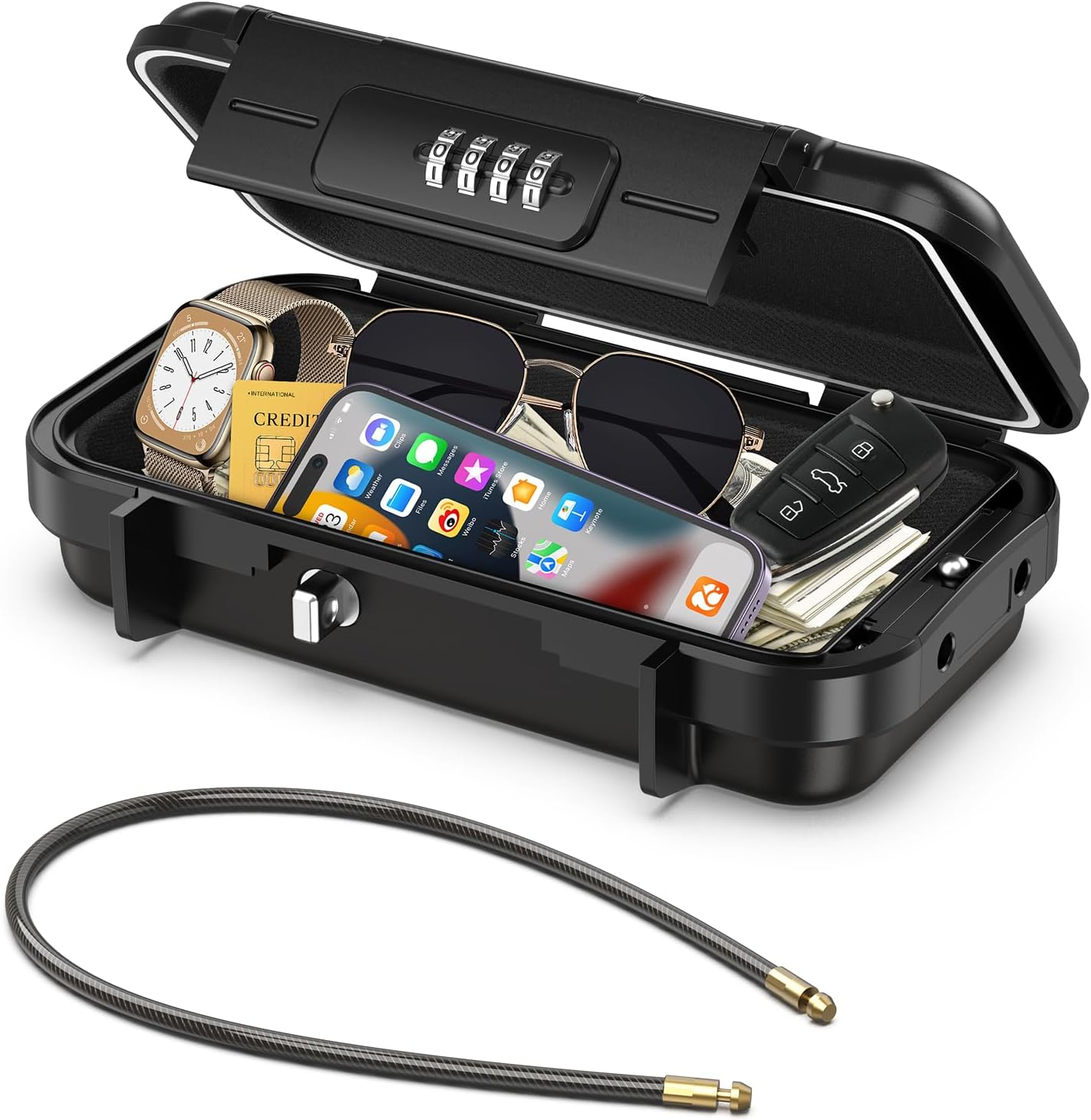 ORIA Portable Safe Box, Security Lock Box, Safe Lock Case with 4-Digit Code, Removable Wire Rope, Waterproof Key Lock Box for Passport, Credit Card, Phone, for Travel, Home, Office, Hotel, Beach