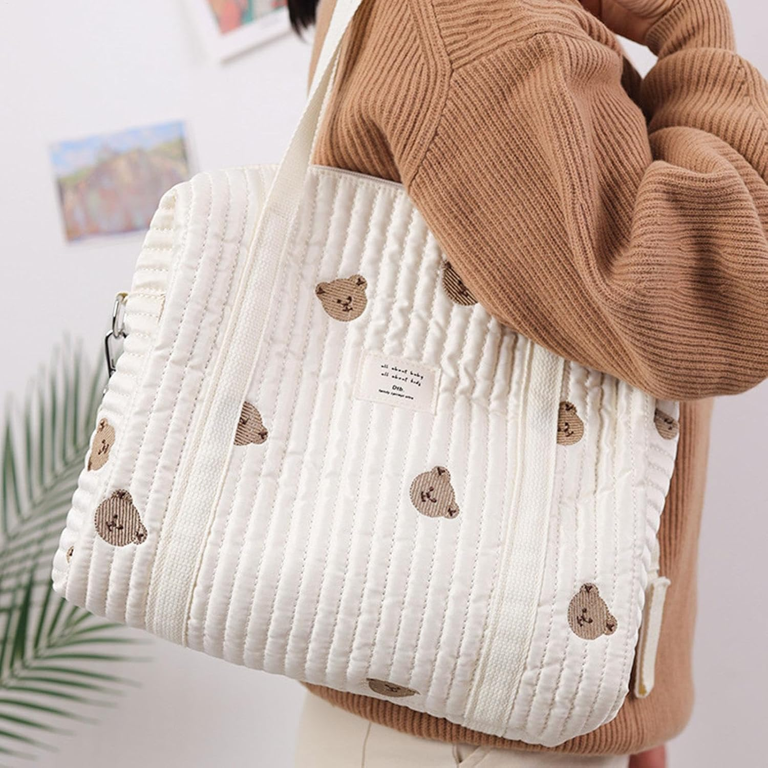 Baby Nappy Changing Tote Bag, Embroidery Baby Nappy Changing Tote Bag,Stylish Large Capacity Cotton Baby Changing Bag, Fashion Portable Quilted Cotton Bag for Weekend Vacation image number 5