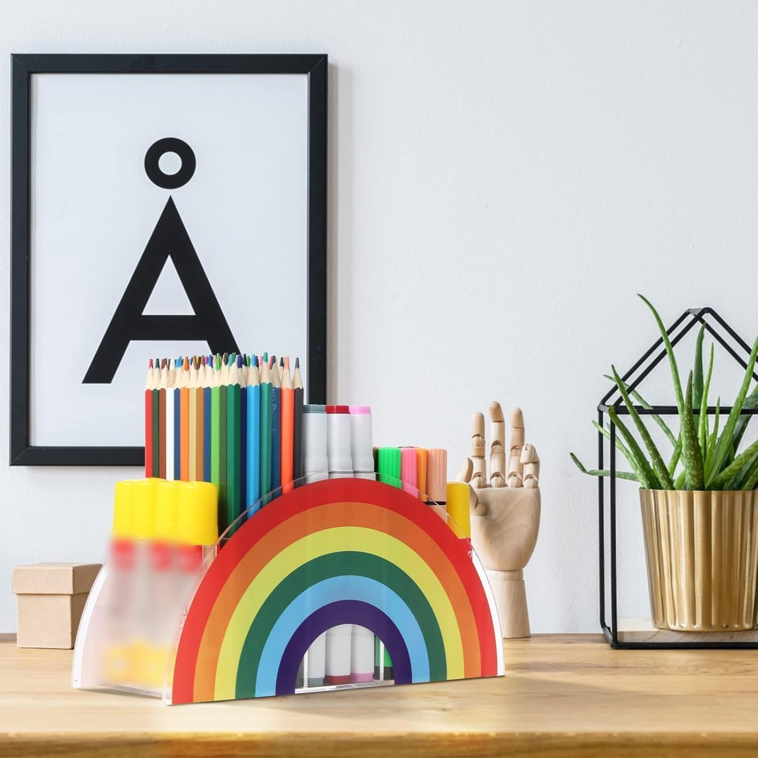 Rainbow Acrylic Pen Pencil Holder Desk Organizer, Modern Corner Desktop Stationery Organizer for Women Kids Students School Art Supplies image number 4