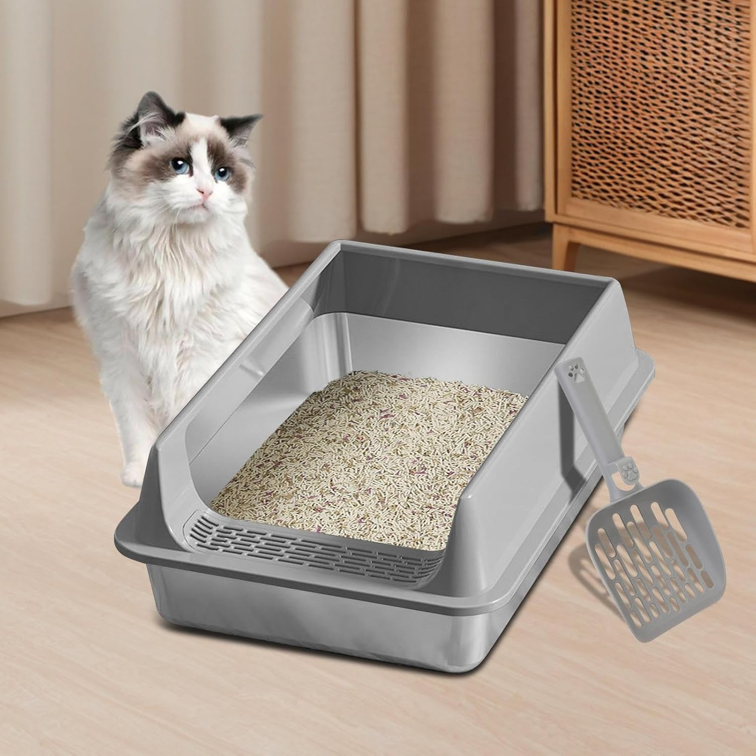 Davivian Stainless Steel Cat Litter Tray | Stainless Steel Cat Litter Tray Splash-Proof with Shovel | Urine Leakage Protected Pet Supplies | for Small and Medium Cats Home Garden Balcony Patio Use image number 4