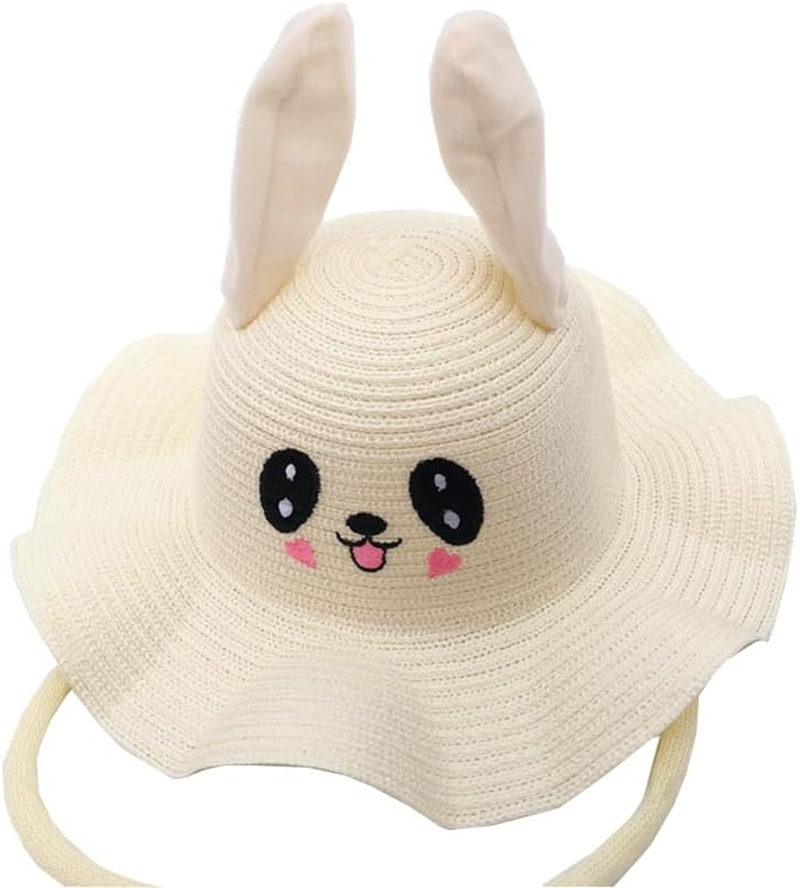 Haozaikeji Kids Straw Sun Hat Girls Breathable Wide Brim Summer Bucket Hat with Jumping Rabbit Ear Sun Protection Beach Hat for Travel & Outdoor Activities - Pink image number 4