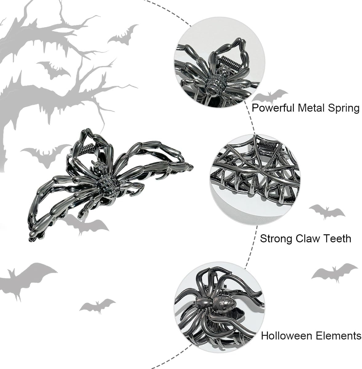 Pack of 3 Metal Hair Clips, Spider Hair Clips, Skull Claw Hair Clip, Non-Slip Claw Clip, Gothic Hair Clips, for Women, Girls, Halloween Hair Styling Accessories (C) image number 6