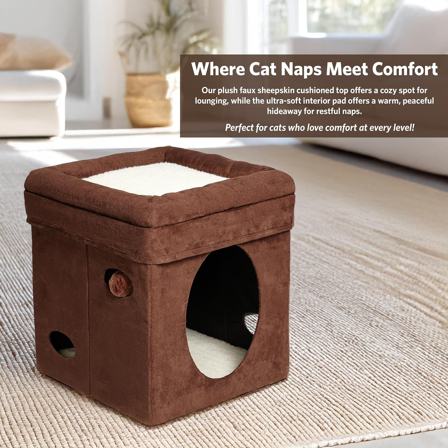 Midwest 137-BR the Original Curious Cat Cube, Cat House/Cat Condo in Brown Faux Suede & Synthetic Sheepskin