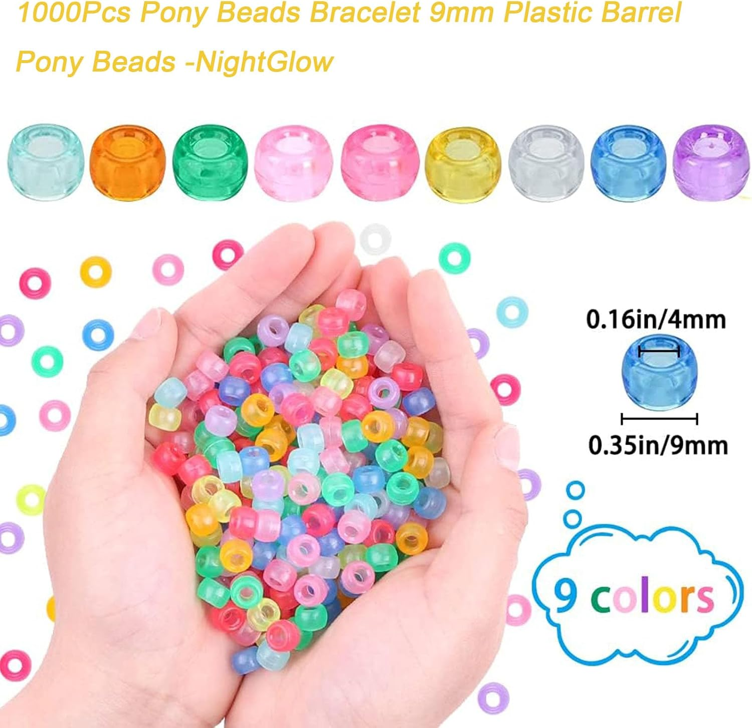 1000Pcs Glow in the Dark Pony Beads Bracelet 9Mm Plastic Barrel Pony Beads for Necklace,Hair Beads for Braids,Key Chain,Jewelry Making (Night Glow) - Black_1000Pcs image number 7