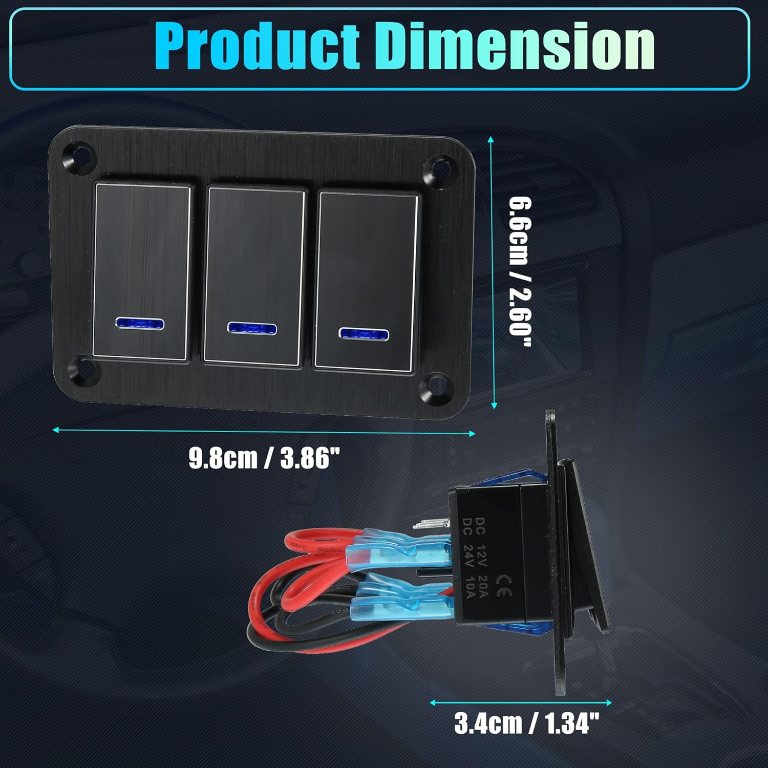 X AUTOHAUX 3 Gang Rocker Switch Panel 3 Pin on off Pre-Wired Toggle Switch Control Waterproof Aluminum Alloy Blue LED Light Push Button for 12V 24V Black - Gold Tone image number 3