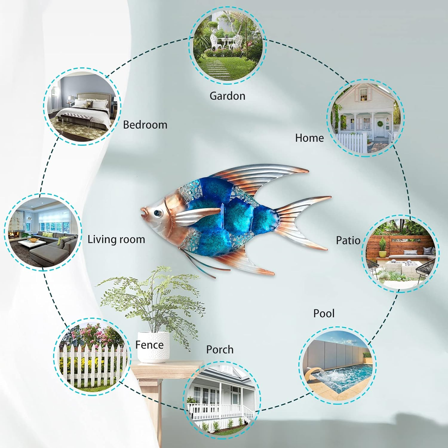 LIFFY Metal Fish Wall Decor -Outdoor Metal Fish Wall Decor - Indoor Art Sculpture - Hanging Decorations for Home, Garden, Bedroom, Sculptures, Ocean, Kitchen Bathroom, and Pool (Blue Angelfish) image number 2