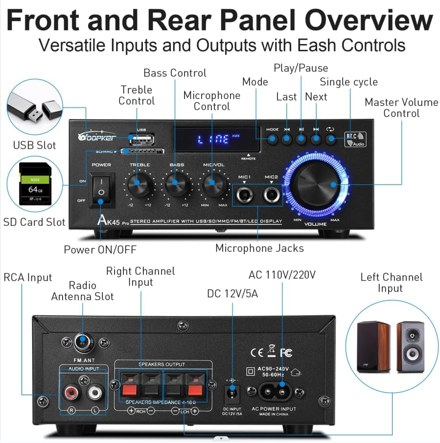 AK45 PRO Stereo Audio Amplifier, 425W Home 2 Channel Wireless Bluetooth 5.0 Power Amplifier System, Home Amplifiers FM Radio, USB, SD Card, with Remote Control Home Theater Audio Stereo System image number 4