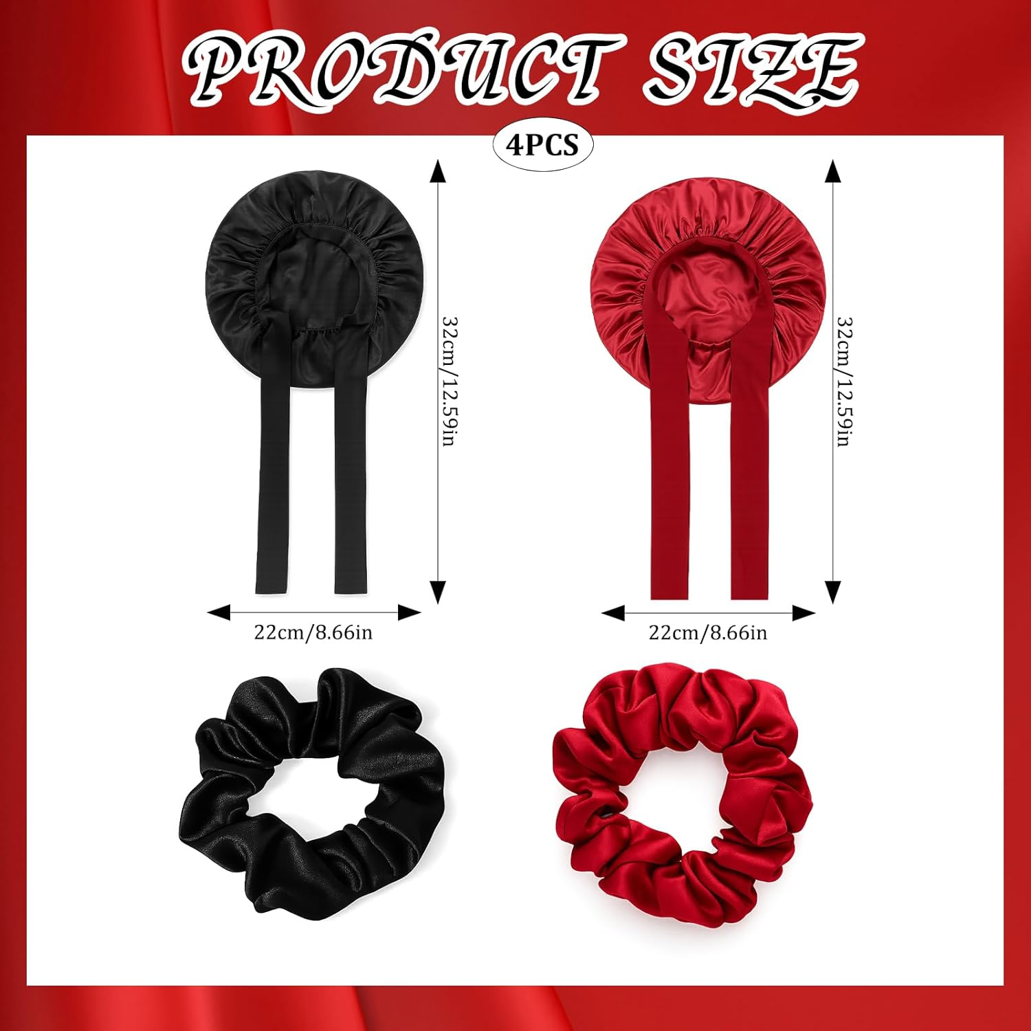 Jazrvr Silk Sleep Cap, Set of 2, Black and Red, Silk Bonnet for Hair Care, 32 X 22 Cm, Soft and Comfortable for a Good Night'S Sleep image number 5