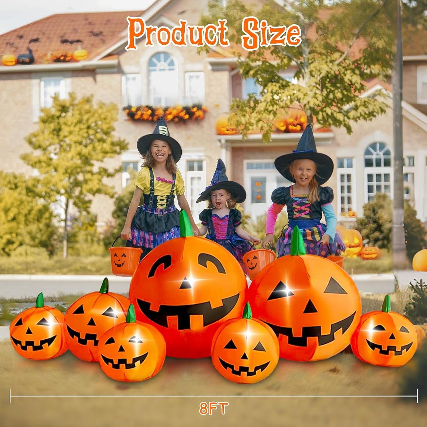 Oolong 8 Ft Halloween Inflatable Pumpkin Patch Family Decoration Jack-O-Lantern Decor for Lawn Yard Home Party Indoors Outdoors