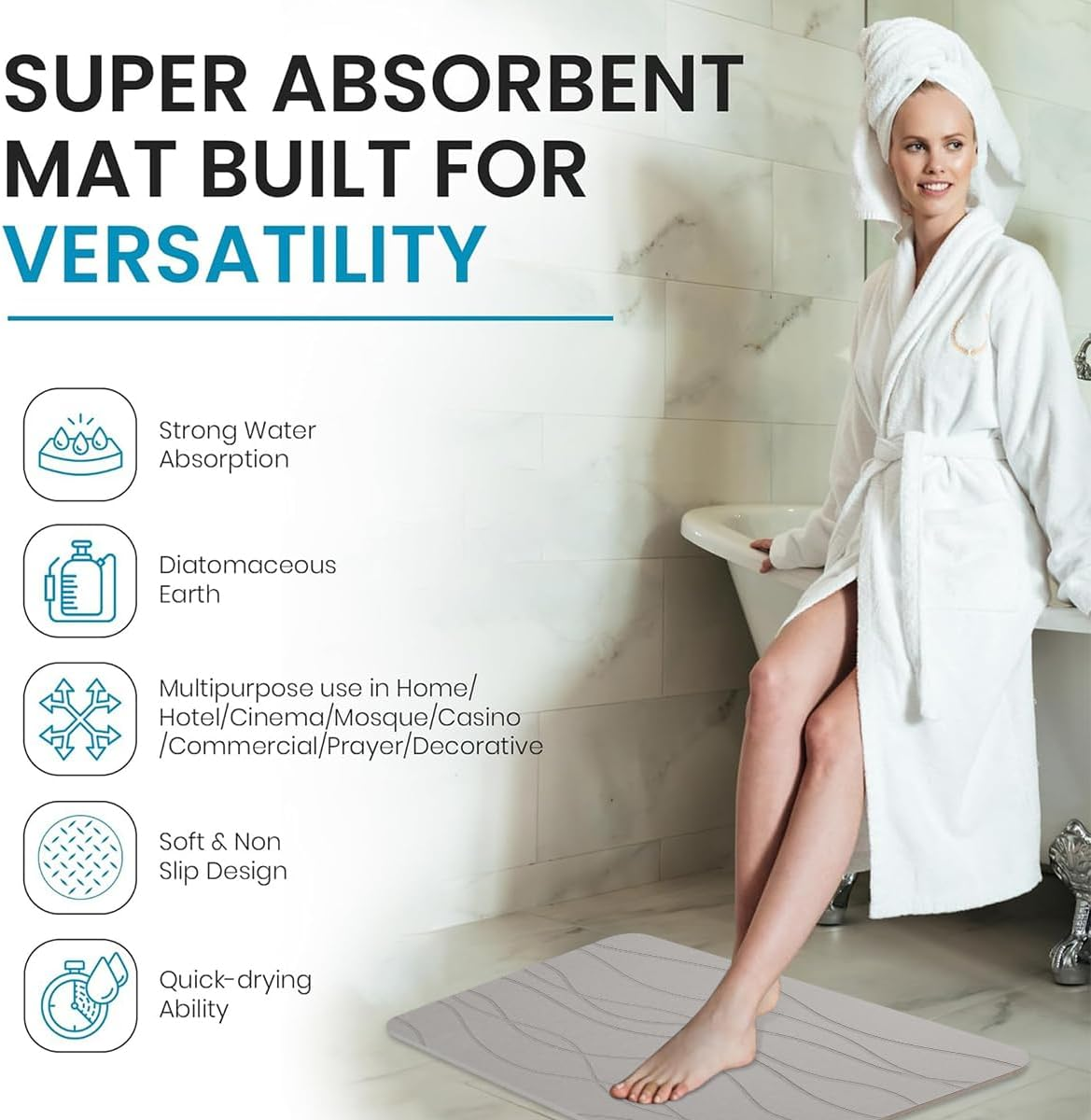 Monehet Stone Bath Mat, 39 * 60CM Diatomaceous Earth Bath Mat, Quick Drying Mat, Non-Slip Super Absorbent Quick Drying Diatomite Mat,For Bathroom Bathtub Kitchen Etc (Medium Grey) - Dark Grey image number 4