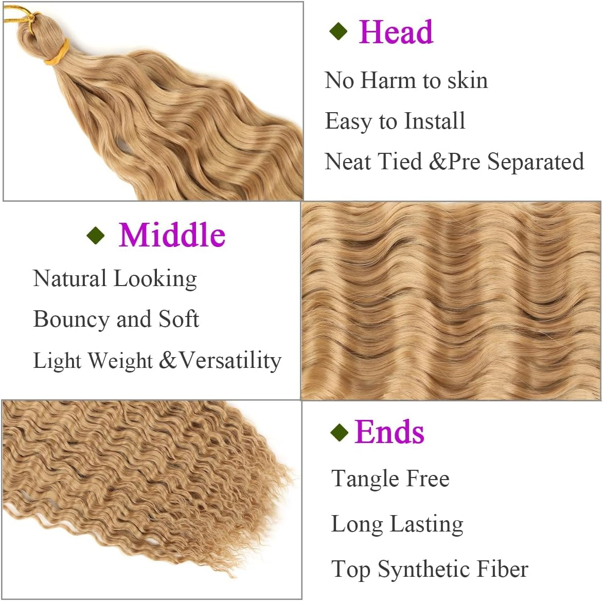 Kachanaa 30 Inch Pre-Separate Deep Wave Braiding Hair Extensions for Goddess River Braids 3 Pack Synthetic Ocean Wave Crochet Hair for Boho Box Braids Blonde EZ Braiding Hair /27# image number 7
