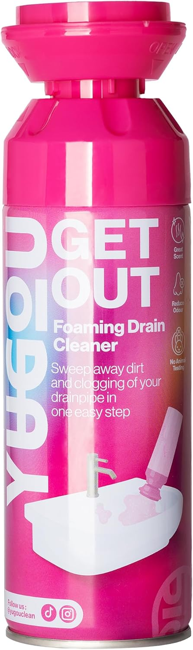 Yugou GET OUT Foaming Drain Cleaner 450Ml - Expanding Drain Foam Cleaner for Sink - Wash Away Dirt & Odour - No Chlorine - Clean & Deodorise - Easy to Use - Refreshing Scent - Use up to 4 Times