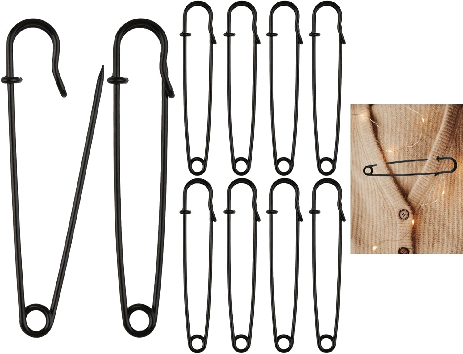 10Pcs Large Metal Safety Pins, 10Cm Metal Spring Lock Pins Brooches Wire Safety Blanket Pins, Extra Large Safety Pin Heavy Duty Safety Pins for Clothes Leather (Black) image number 1