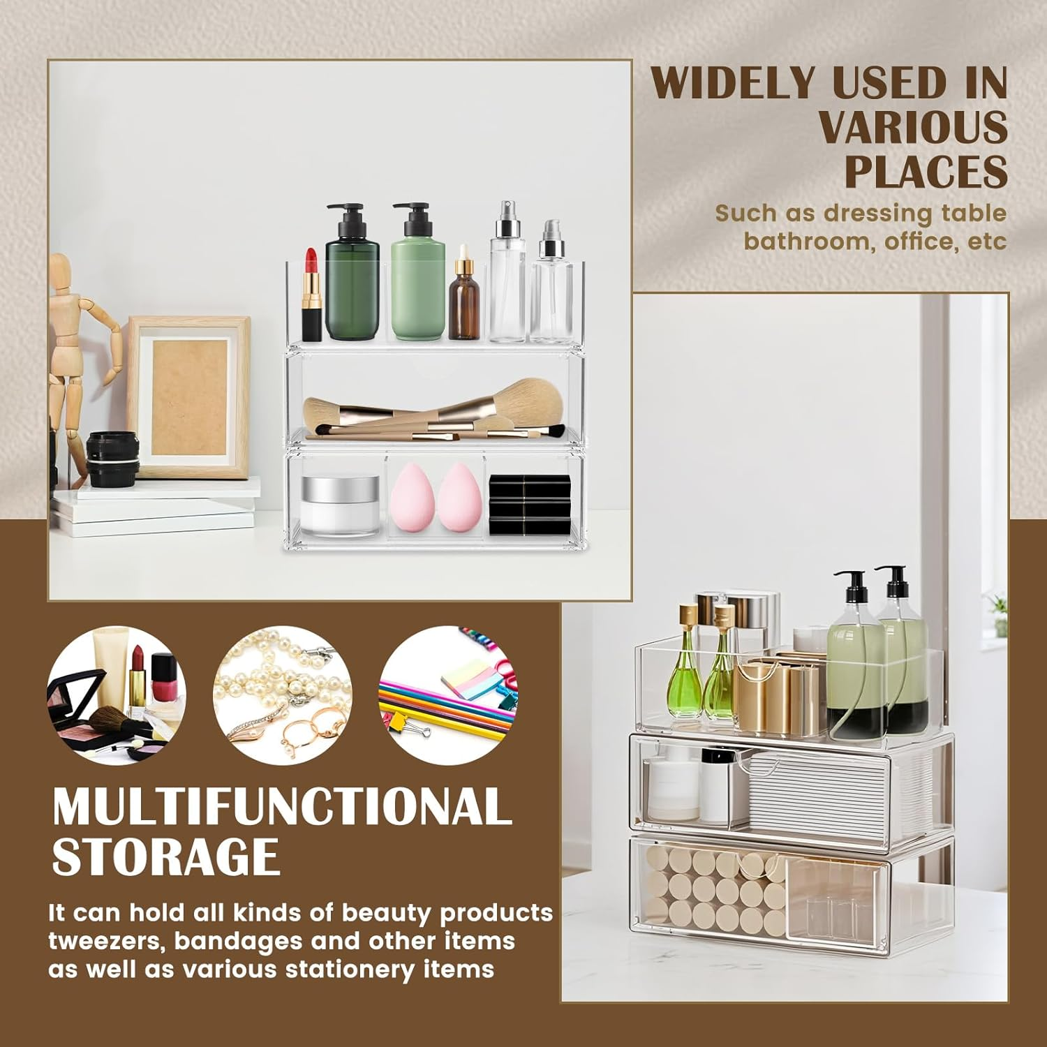 UKQRRTC 3 Pack Mirror Cabinet Organizer, anti Slip Medicine Cabinet Shelves, Clear Makeup Organizer, Sturdy Makeup Storage Holder for Bedroom