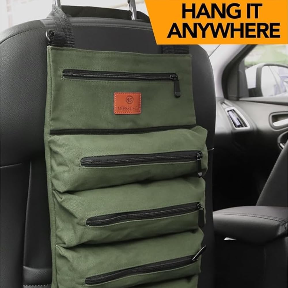 Roll up Tool Bag, 16OZ Canvas Wrench Roll up Pouch Multi-Purpose Tool Roll Organize, 5 Zippered Tool Pockets (Green) image number 4