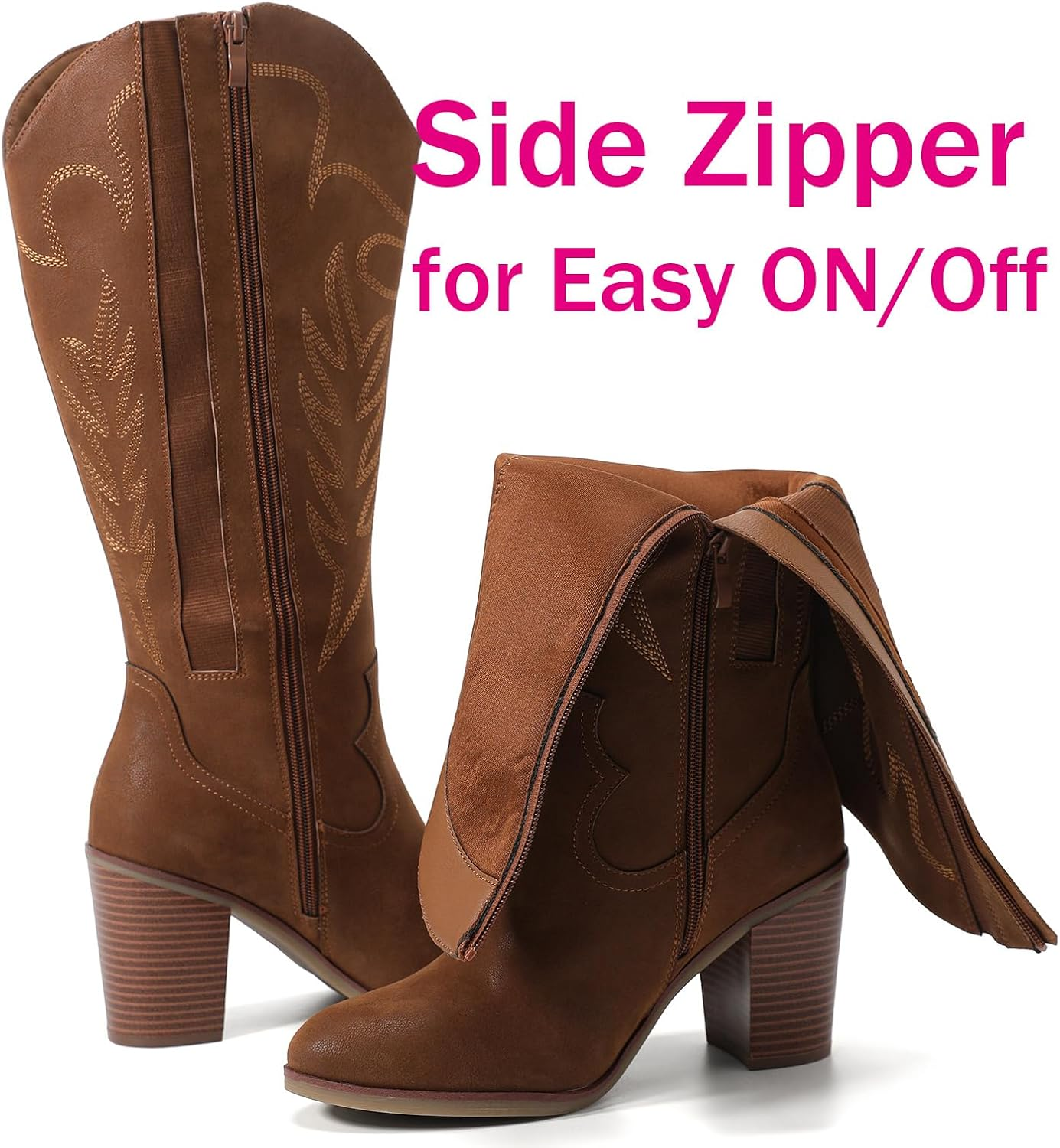 Luoika Women'S Extra Wide Calf Cowboy Knee High Boots，Wide Width Cowgirl Boots Chunky Pump Heel plus Size Western Tall Boots. image number 6