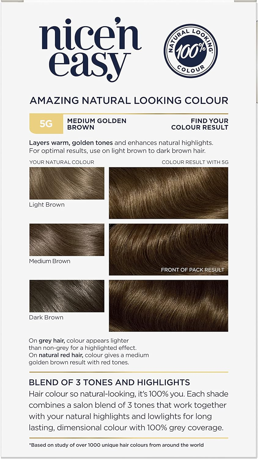 Clairol Nice 'N Easy Permanent Hair Colour 5G Natural Medium Golden Brown, 100% Grey Coverage, Natural Looking Hair Colour
