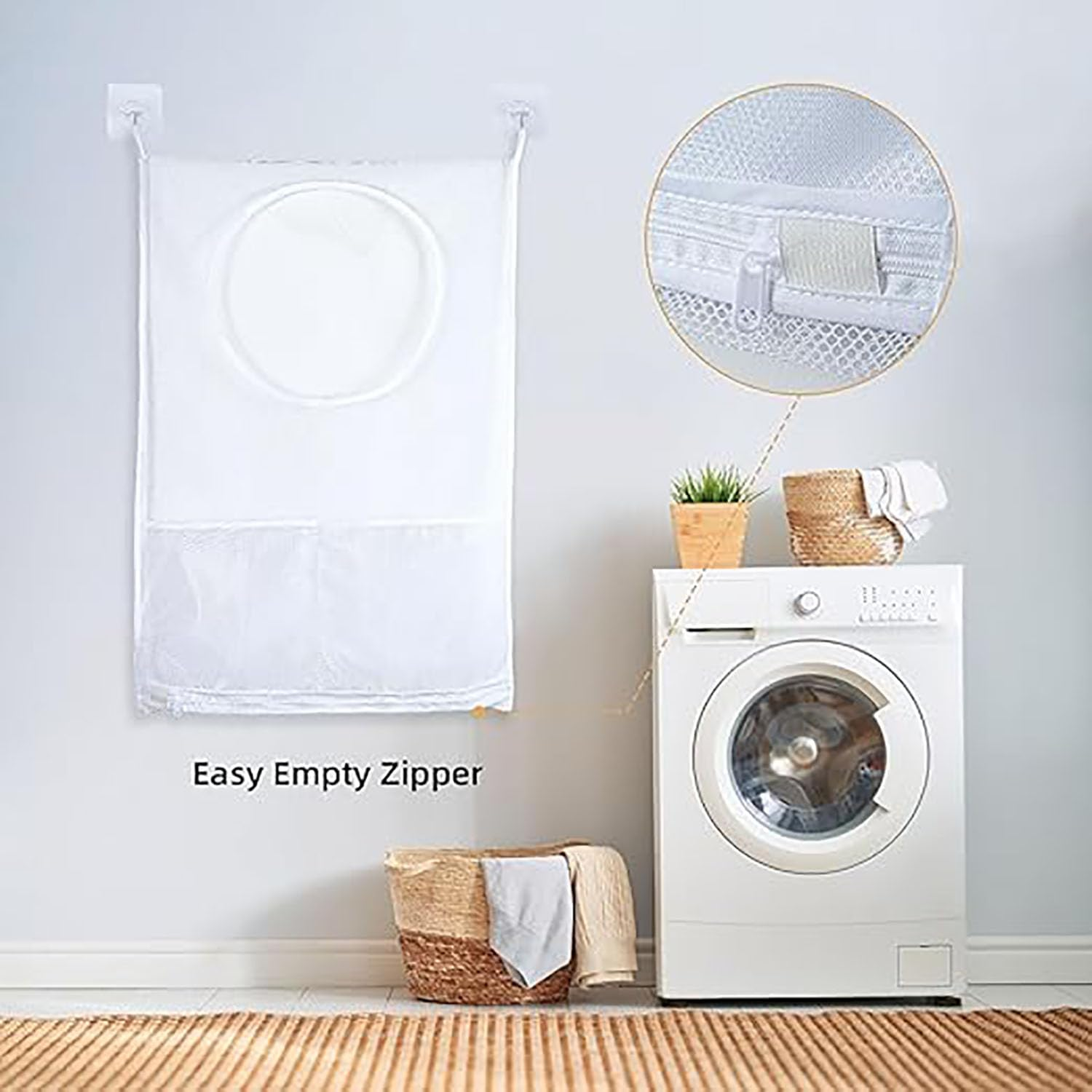 2 Pack Hanging Mesh Storage Bags, 77Cmx50Cm Mesh Sack with 4 Adhesive Hooks, Door Hanging Laundry Hamper Bag Perfect for Dormitory Bathroom Kitchen Storage Dirty Clothes/Junk Foods/Plush Toy image number 4