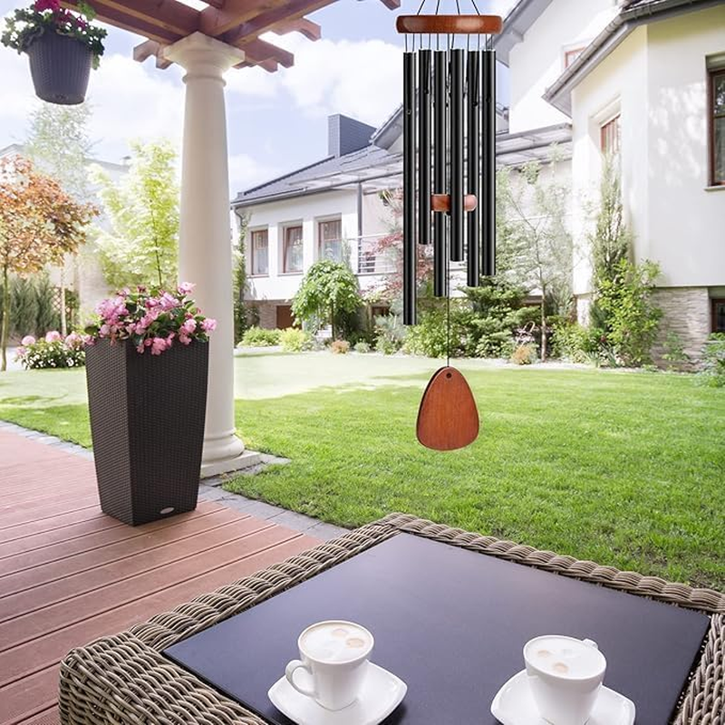 Wind Chimes with 6 Tuned Tubes & Pendant, Large Sympathy Wind-Chime, Classic Memorial Wind Chime for Outdoor Indoor Personalized Decor, Smooth Melodic Wind Chime for Garden Patio Balcony Home (Black)