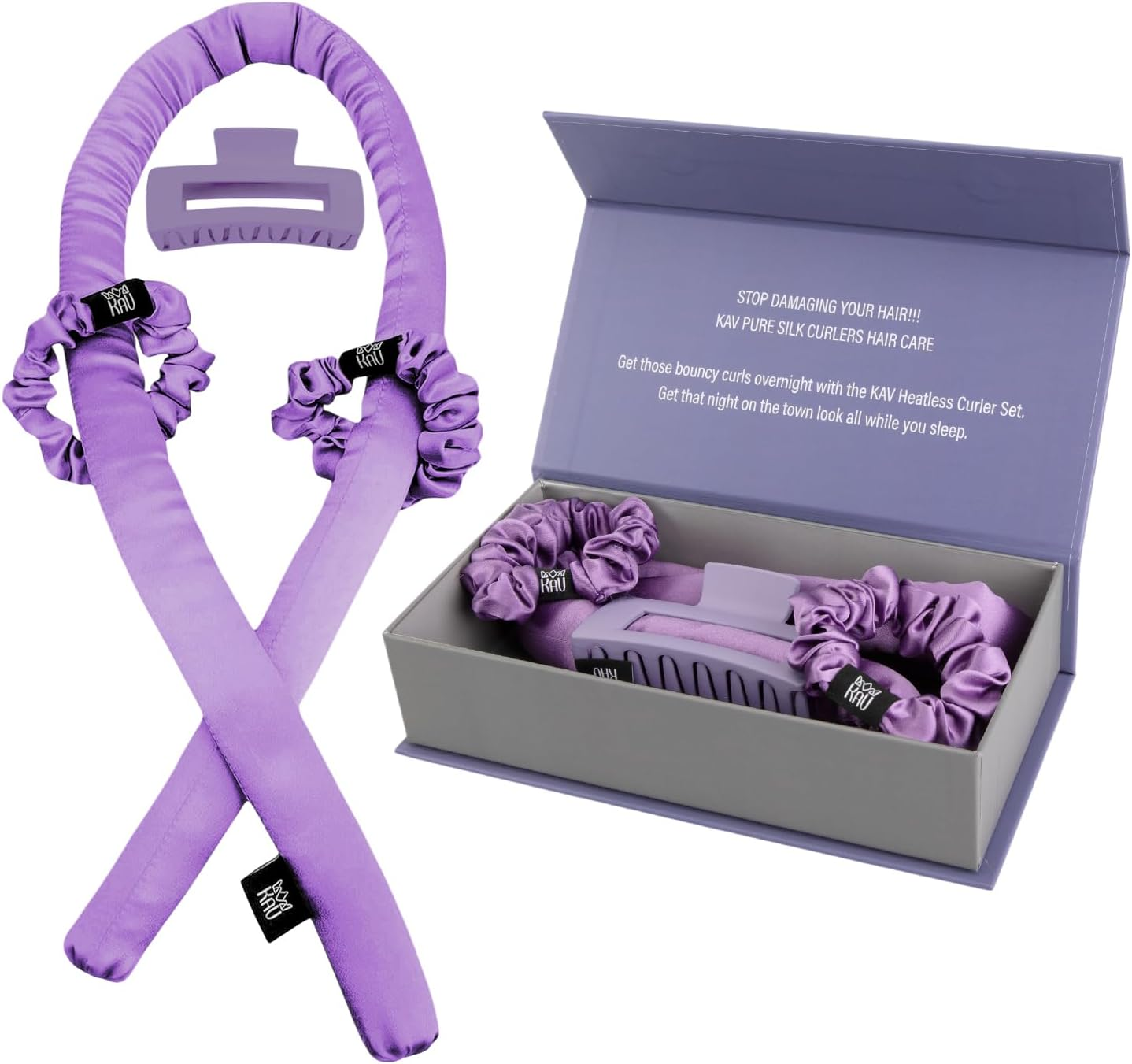 KAV Heatless Hair Curler, Mulberry Silk Overnight Hair Curl Set, No Heat Curling Rod Giftset, Premium Salon Quality Rollers to Sleep In, Heat Less Curls Set with Clip and Scrunchies