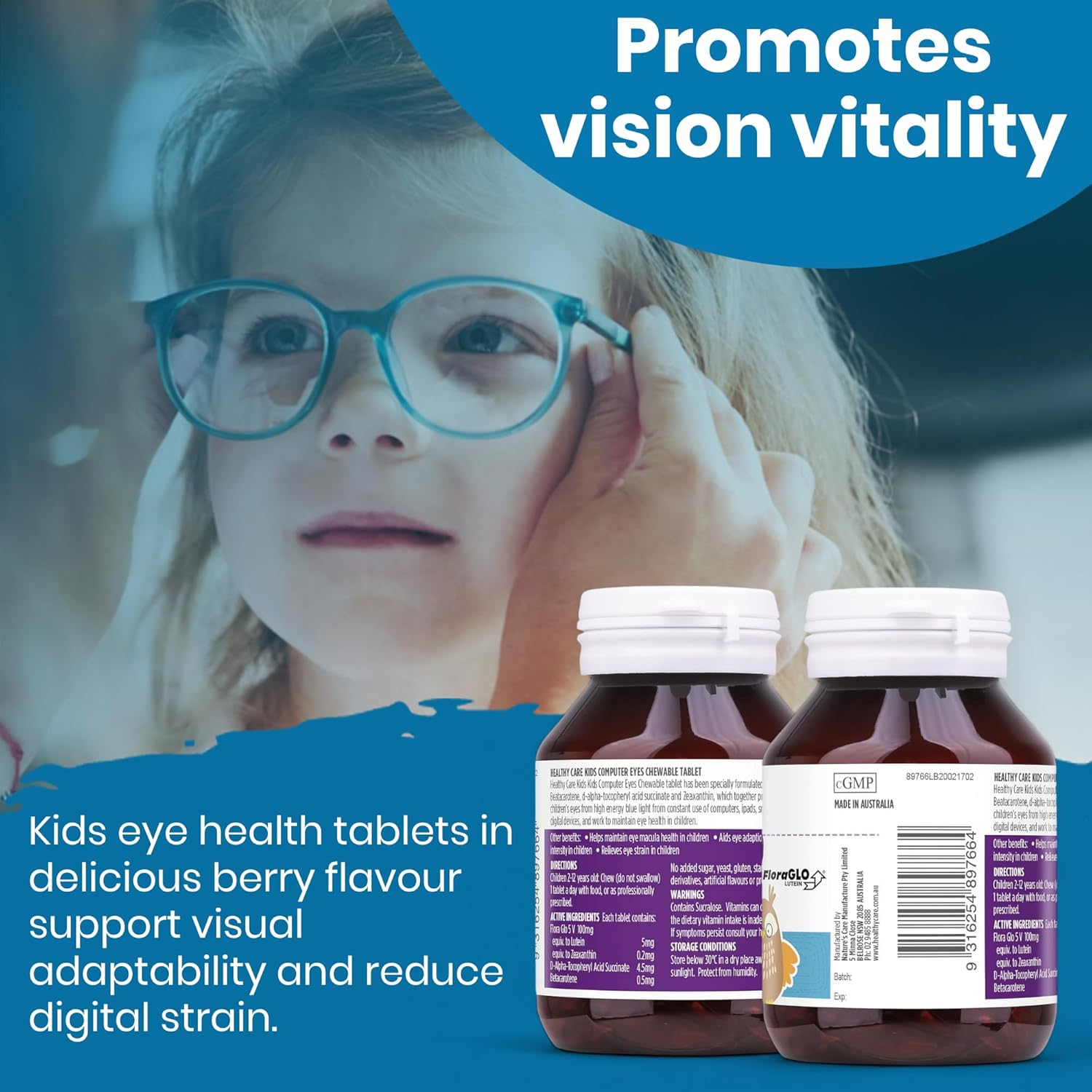 Healthy Care Kids Computer Eyes Chewable Tablets - Supports Eye Health and Provides Strain Relief - Premium Dietary Supplement - All-Natural Ingredients - 60 Tablets - Berry Flavour image number 1