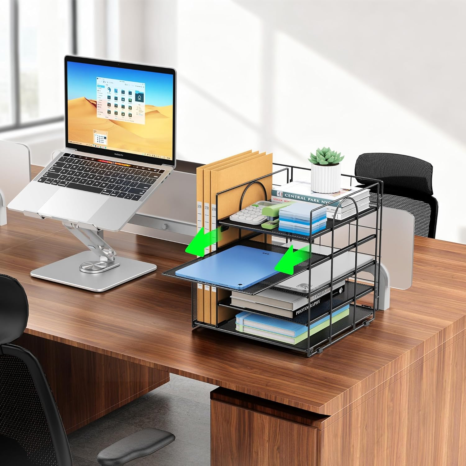 Auvo ADO04 Metal Mesh Desk Organizer, 5-Tier Paper Letter Tray with File Holder, Vertical Magazine/File Holder, Desktop Organizer for Office Supplies, Black image number 6