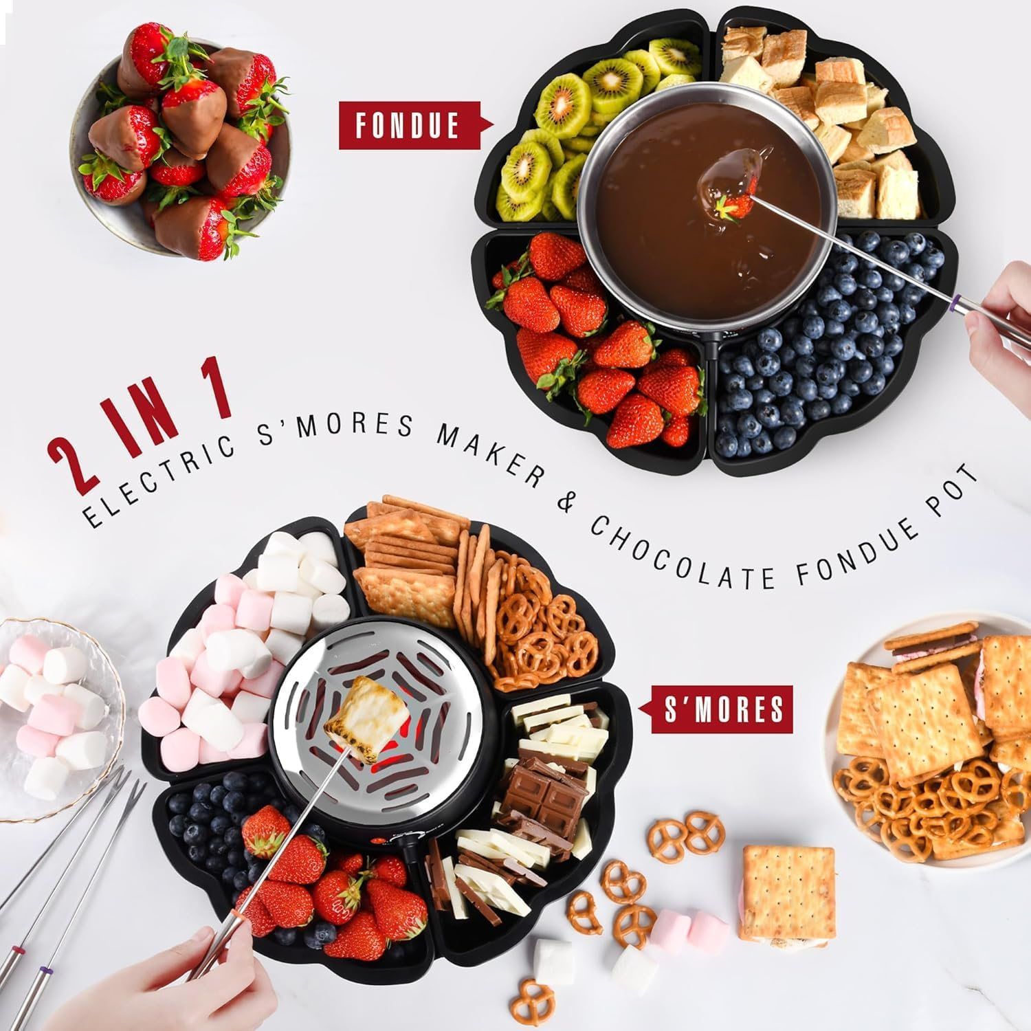 2 in 1 Electric S&rsquo;Mores Maker & Fondue Pot, Tabletop Indoor Smores Kit with 4 Roasting Forks, 4 Detachable Trays & 1 Flameless Temperature-Controlled Heater, Movie Night Supplies & Housewarming Gifts image number 2