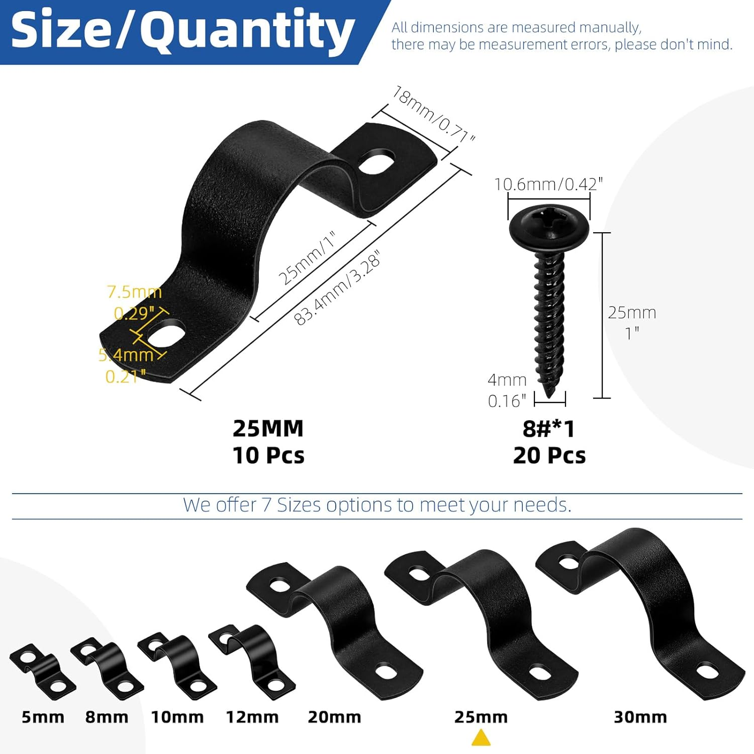 Glarks 30Pcs 25Mm Pipe Strap Clamp, Black Carbon Steel 2 Hole Strap Heavy Duty Rigid Pipe Strap U Bracket Tube Strap Cable Clamp Hanger Tension Tube Clip with Screw for Pipe Tube Cable Fixing image number 5