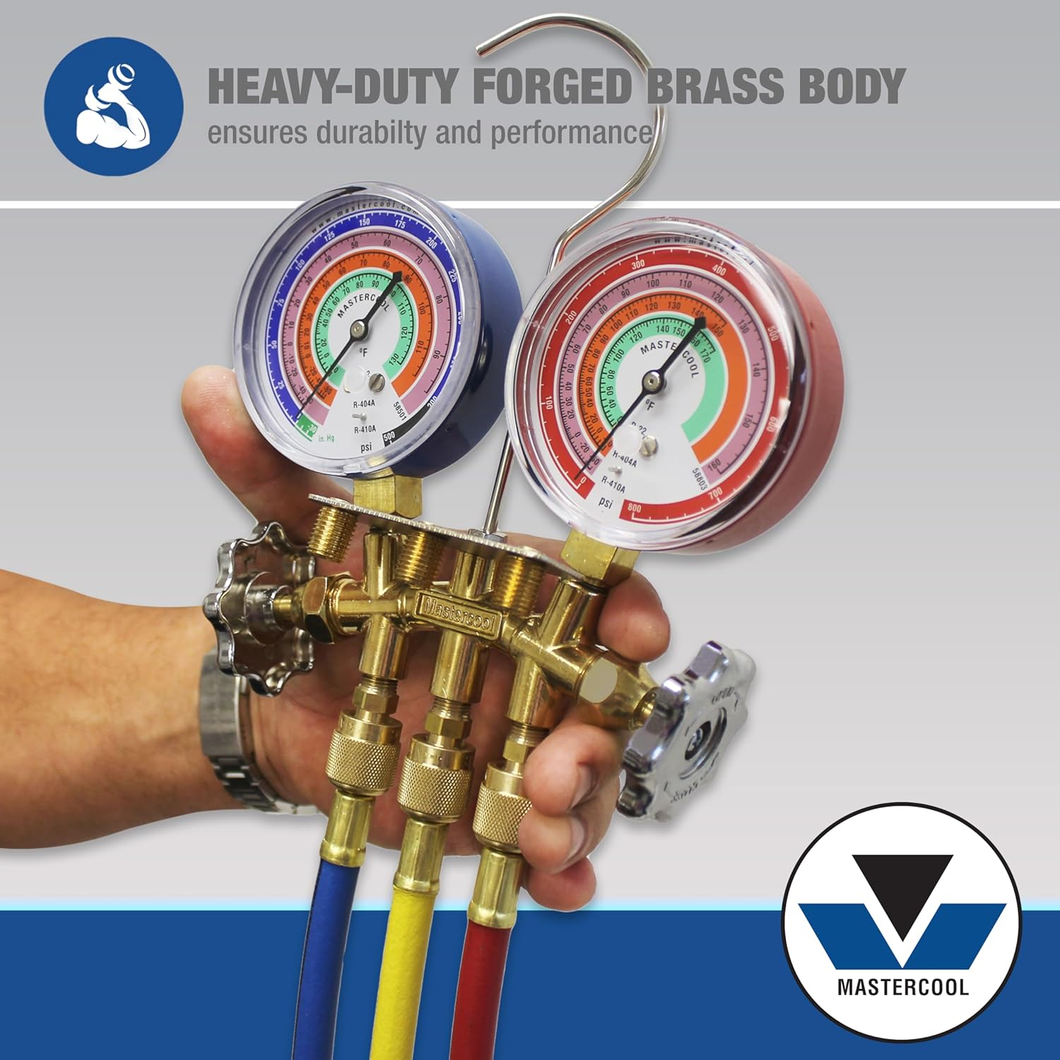 Mastercool 59161 2-Way Heavy Duty Brass Manifold Gauge Set with 3 1/8" Silicone Dampened Gauges and 1/4" SAE Fittings for R410A, R22, R404A - U.S. Assembled & Tested with 60" Hoses image number 2