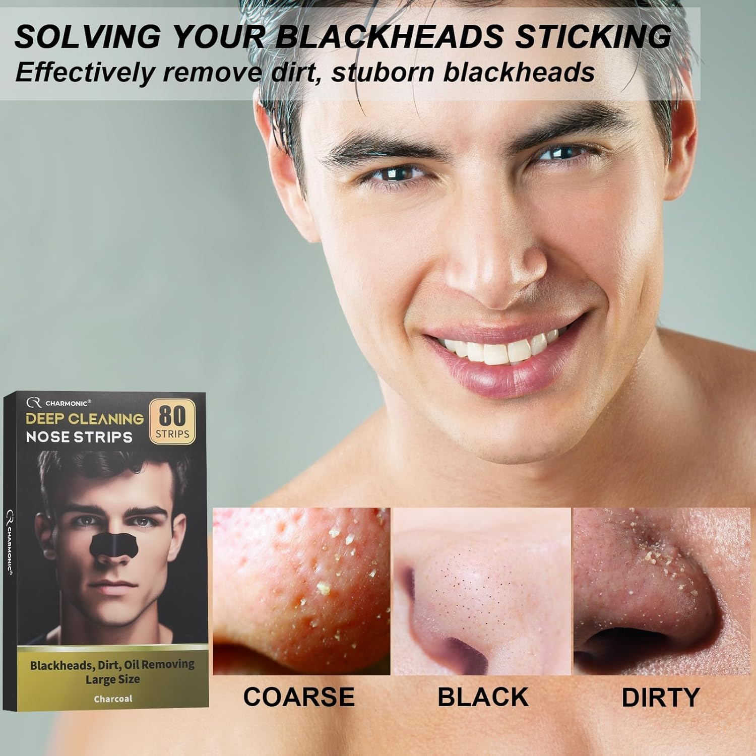 Blackhead Remover Pore Strips, Black Head Remover for Face, Natural Charcoal Nose Strips for Pore Cleaner, Large Size Nose Pore Strip for Men Women for Oil Blackheads & Whiteheads Remover (80 Pcs)