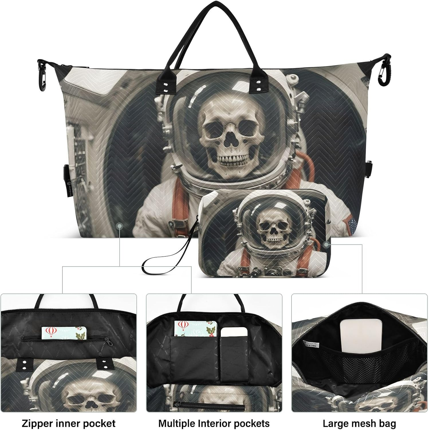 XYMZR Large Travel Duffel Bag, Astronaut Skeletonin Sports Tote Gym Bag, Shoulder Weekender Overnight Bag for Women Men, Carry on Luggage with Toiletry Bags, Multi-Colored, Multi-Colored image number 1