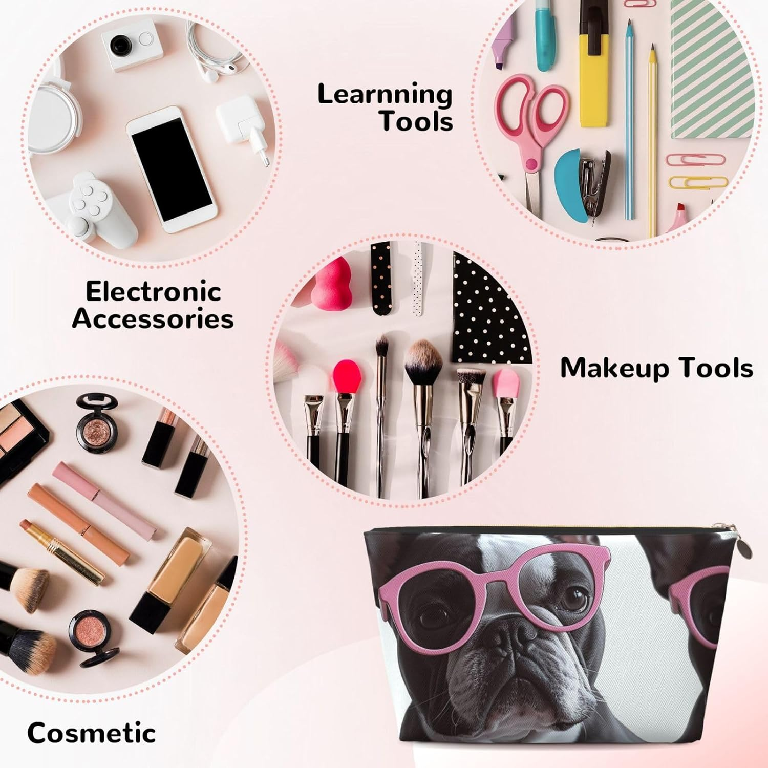 SDTYKHJ Large Capacity Makeup Bag for Women, Waterproof Portable Shaving Bag, Small Toiletry Bag, French Bulldog Glasses, Leather Cosmetic Organizer Bags for Travel, Gold, One Size