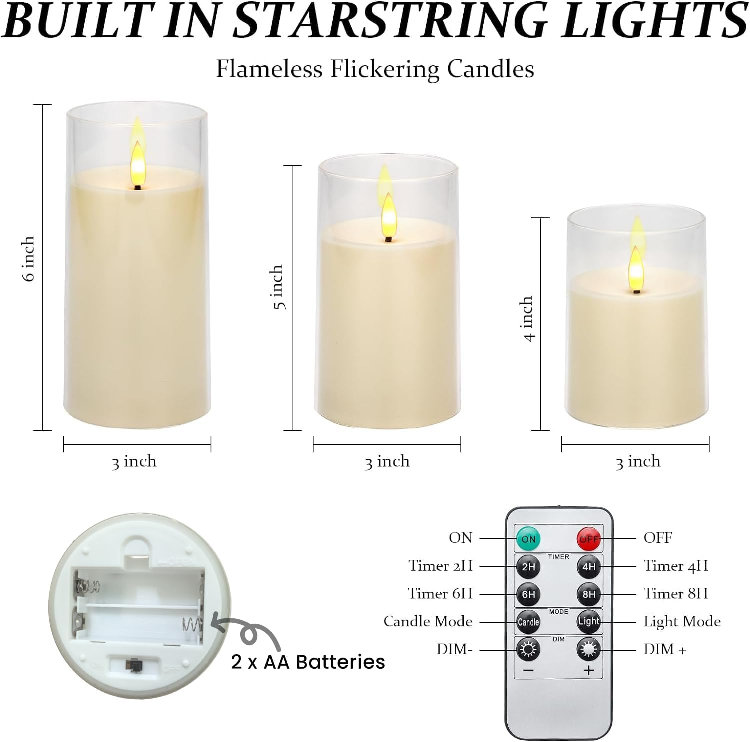Clear Glass Flameless Candles Battery Operated with Timer, Remote Control, LED Pillar Candles Battery Powered, D3 H4 5" 6", Set of 3 (Ivory White)