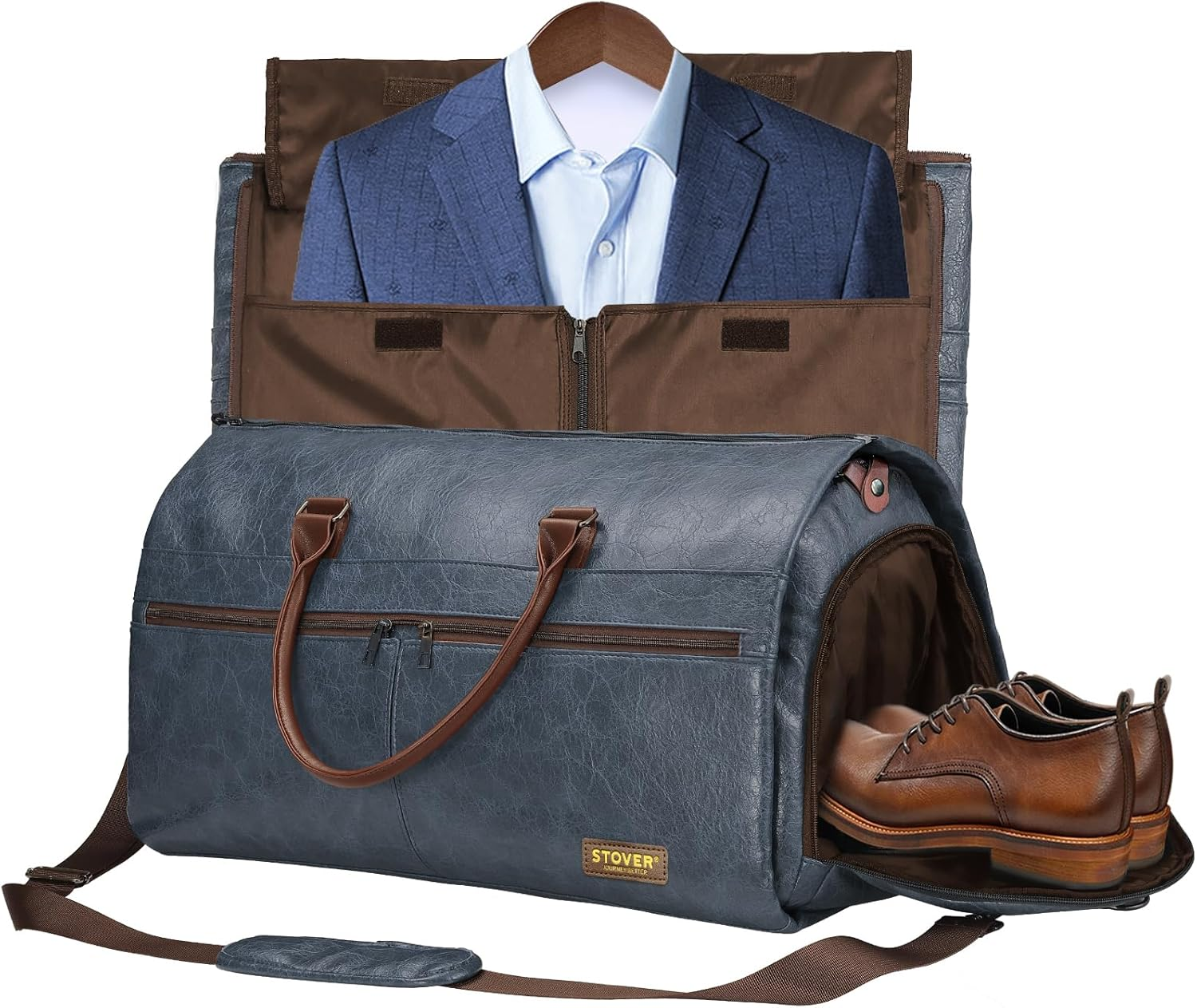 STOVER Garment Travel Duffle Bag, Large 2-In-1 Convertible Carry-On Luggage for Men & Women- Hanging Suits, Dresses & Clothes + Shoe Compartment- Weekender Tote Combo Duffel, Blue