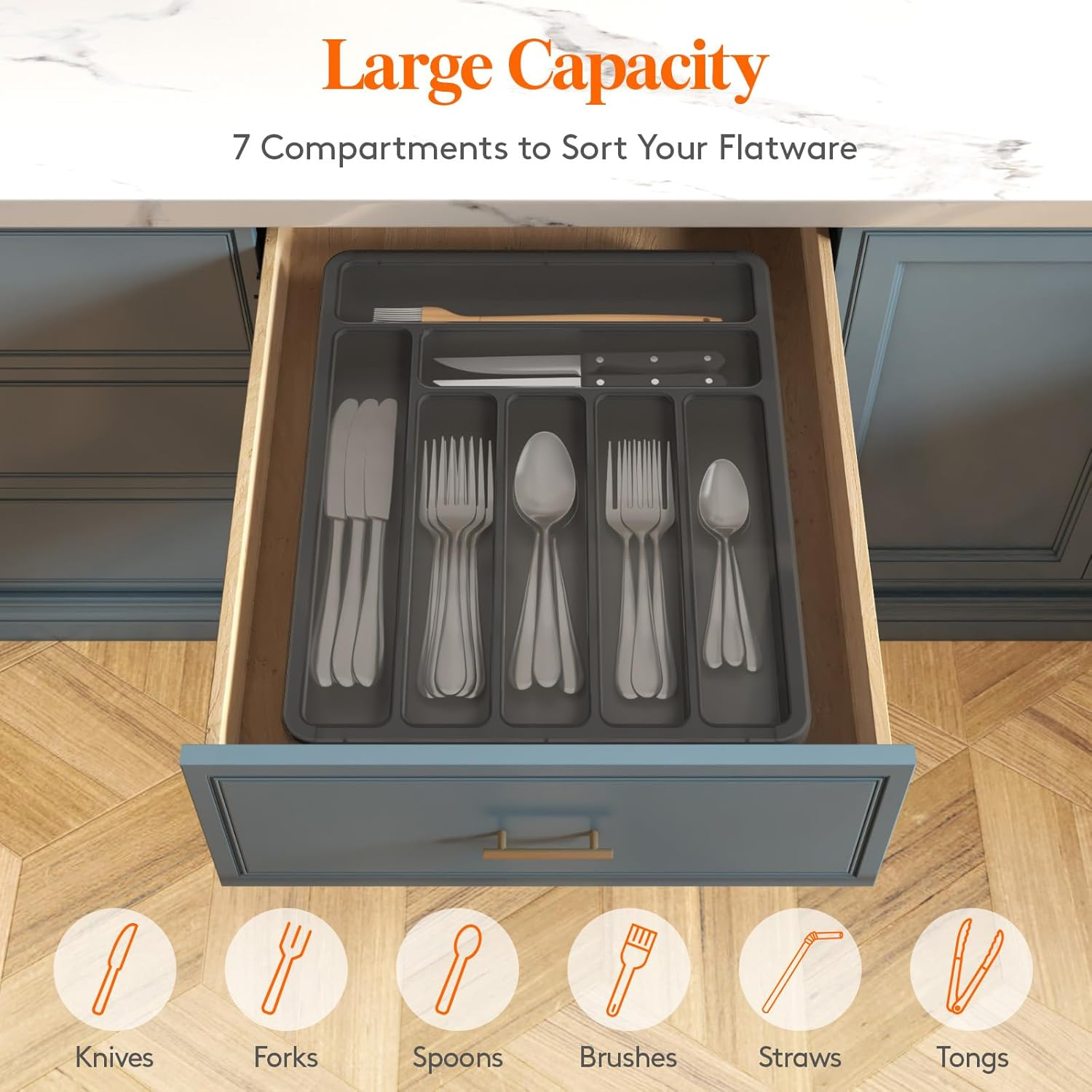 Lifewit Silverware Organizer with Lid, Covered Utensil Tray for Kitchen Drawer and Countertop, Plastic Cutlery and Flatware Storage Box for Spoons Forks Knives Holder Case, 7 Compartments, Black image number 2