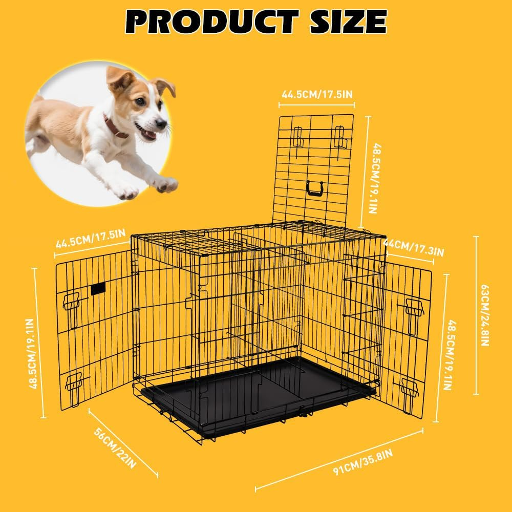 Vaka Pet 36-Inch Dog Crate with Divider, Foldable Metal Cage with 3 Doors and Leak-Proof Tray, Medium Pet Kennel for Indoor Outdoor Use