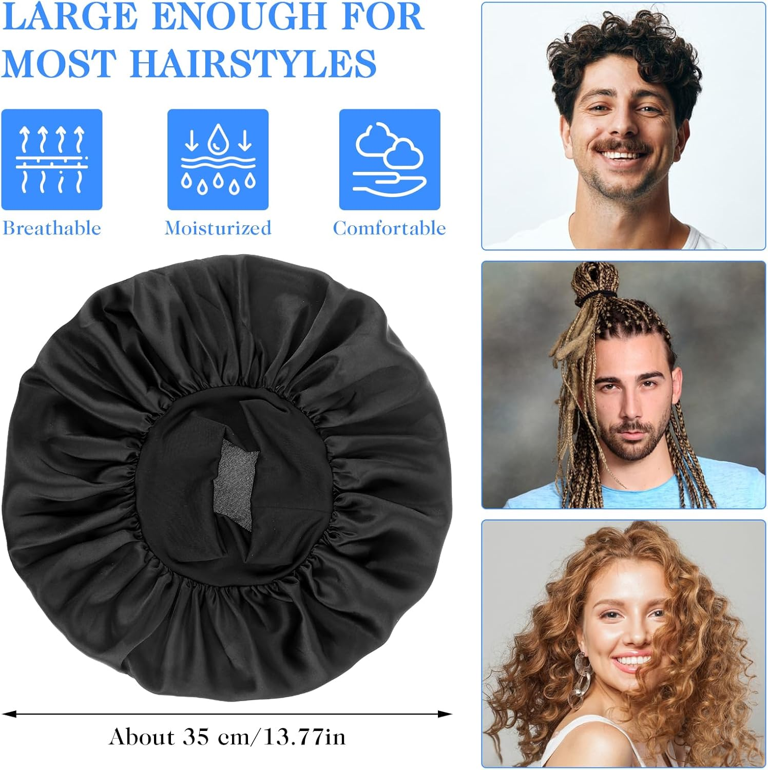 Bonnet for Men, Silk Satin Sleep Cap Single Layer Elastic Band Stretchy Tie Band Wide Soft Adjustable Hair Cap Large Silk Bonnets for Women Curly Hair Sleeping Black, Black, 3 - Dark Purple image number 2