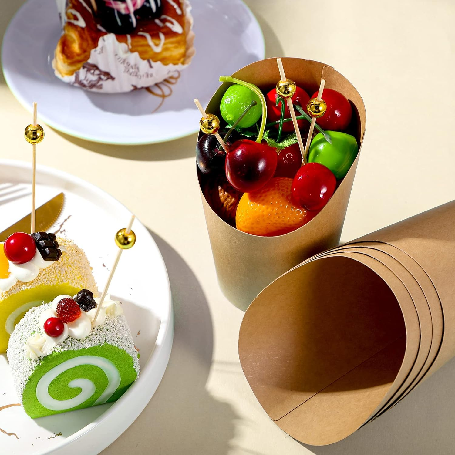 50 Pcs 14 Oz Disposable French Fries Cups Charcuterie Waffle Paper Popcorn Kraft Paper Boxes and 100 Pcs 4.7 Inch Wooden Cocktail Toothpicks Appetizers Fruits Dessert Sticks image number 4