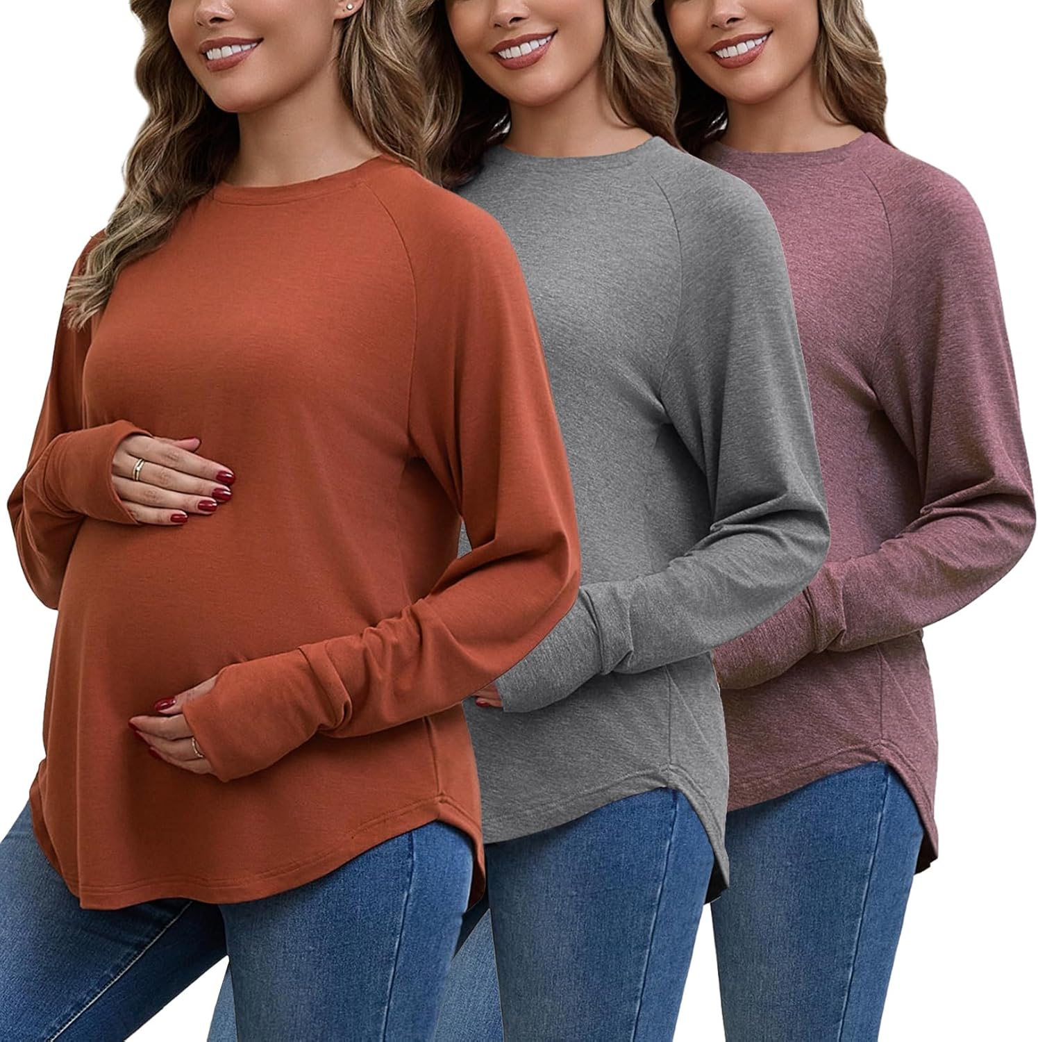 Bhome Maternity Shirts 3 Packs Long Sleeve Pregnancy Tops Loose Fit Casual Blouses with Thumb Holes image number 2