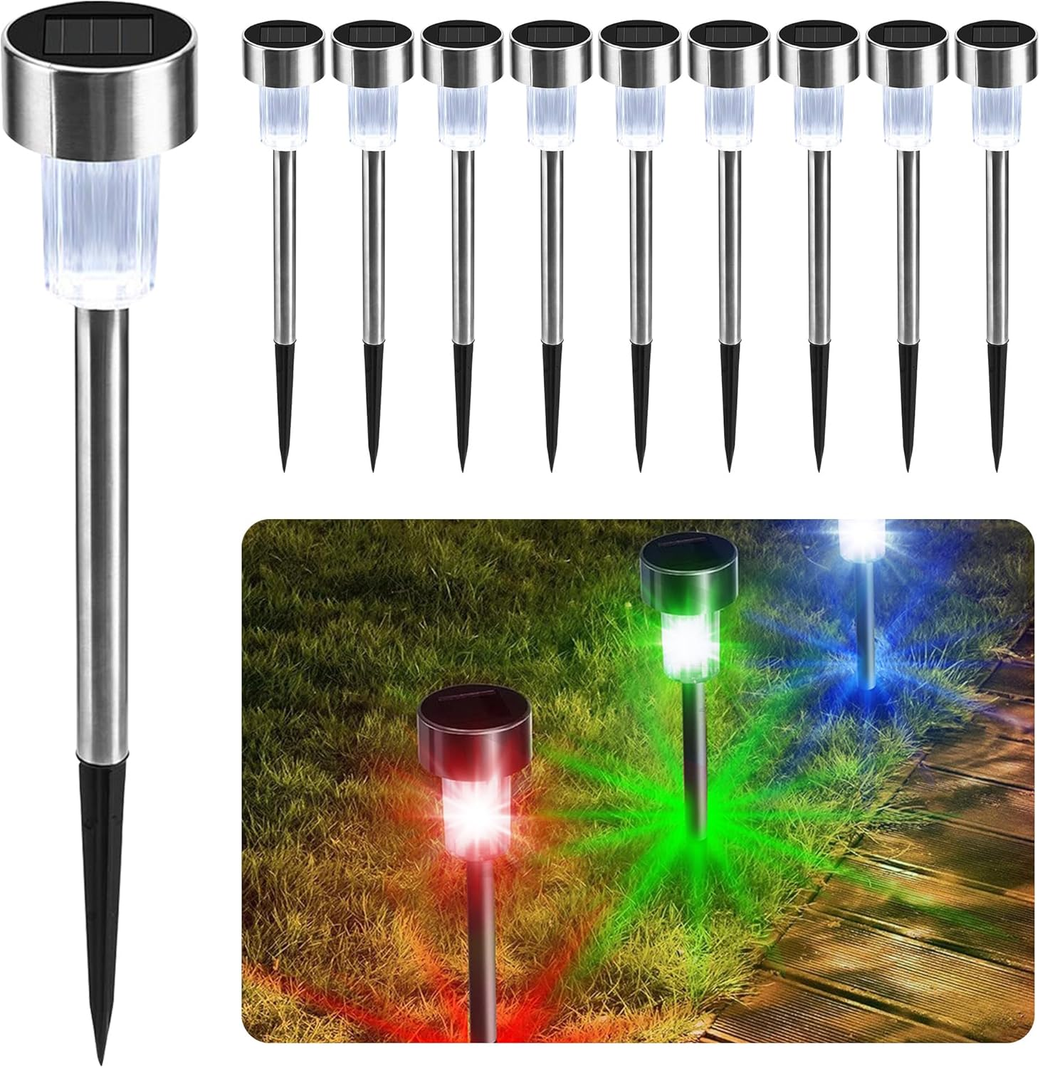 10 X CUQOO Colour Changing Solar Garden Stake Lights - Rechargeable LED Solar Powered Garden Lights - Waterproof Outdoor Lamps - Stainless Steel Outdoor Solar Lights for Garden, Pathway Lighting