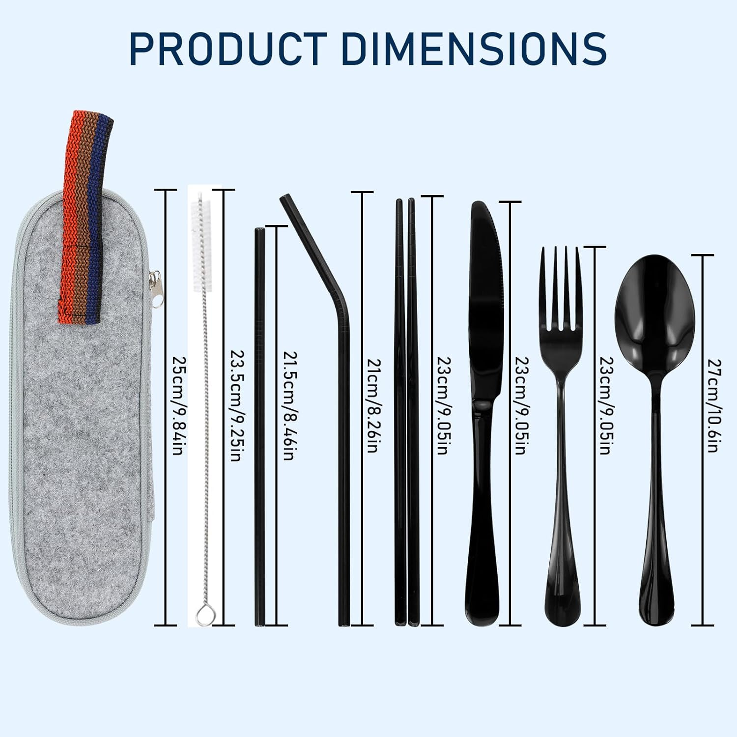 Portable Utensils Dinnerware Set, Travel Camping Cutlery Set - Including Knife Fork Spoon Chopsticks Cleaning Brush Straws Portable Case, 8 Piece Stainless Steel Flatware (Black Cutlery) image number 2