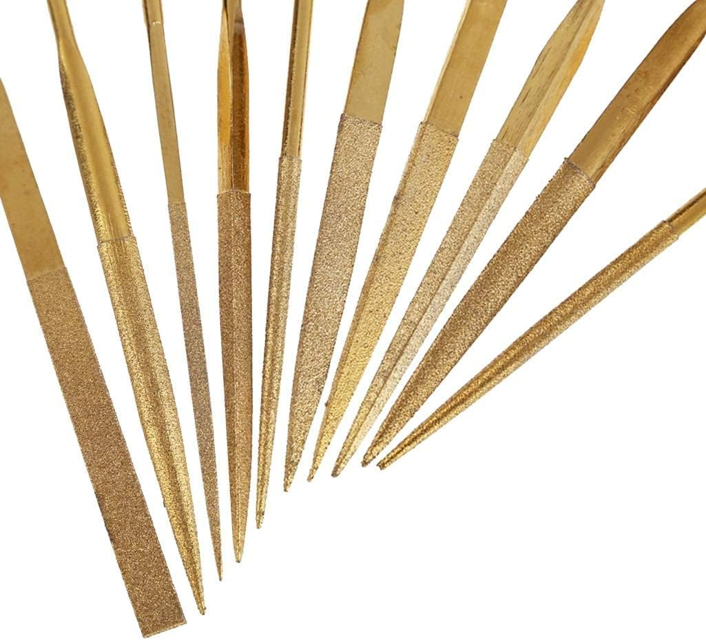 Yakamoz 10Pcs 5X180Mm Titanium Coated Small Diamond Needle File Set Mini round Triangular Square Flat Shape Metal Riffler Files Jewelers File Precision Hand Tools for Glass Wood Stone Jewelry image number 5