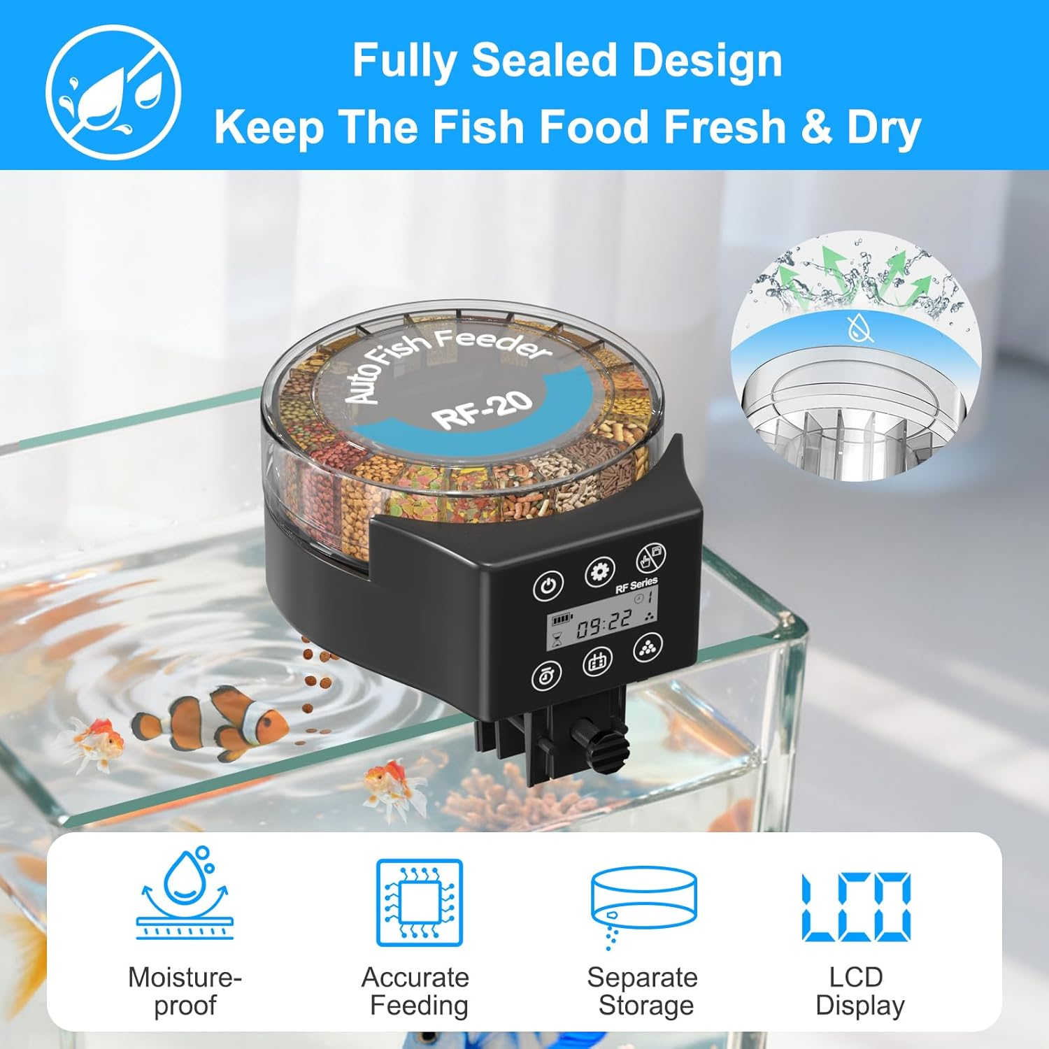 Bluefire Automatic Fish Feeder Timer Feeder for Fish Food Dispenser, Moisture-Proof Auto Fish Feeder Turtle Feeder with LCD Display for Aquarium or Fish Tank